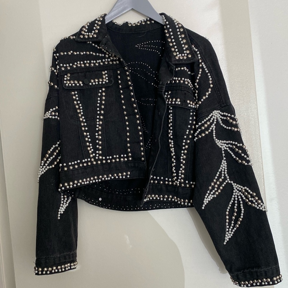 Black denim jacket/ beaded